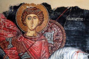 15世紀のビザンチン様式のフレスコ画（詳細）聖ジョージの壁画ペドウラスキプロスのマイケル大天使教会描かれた教会ユネスコの遺跡トロードス、キプロス 作： Unknown